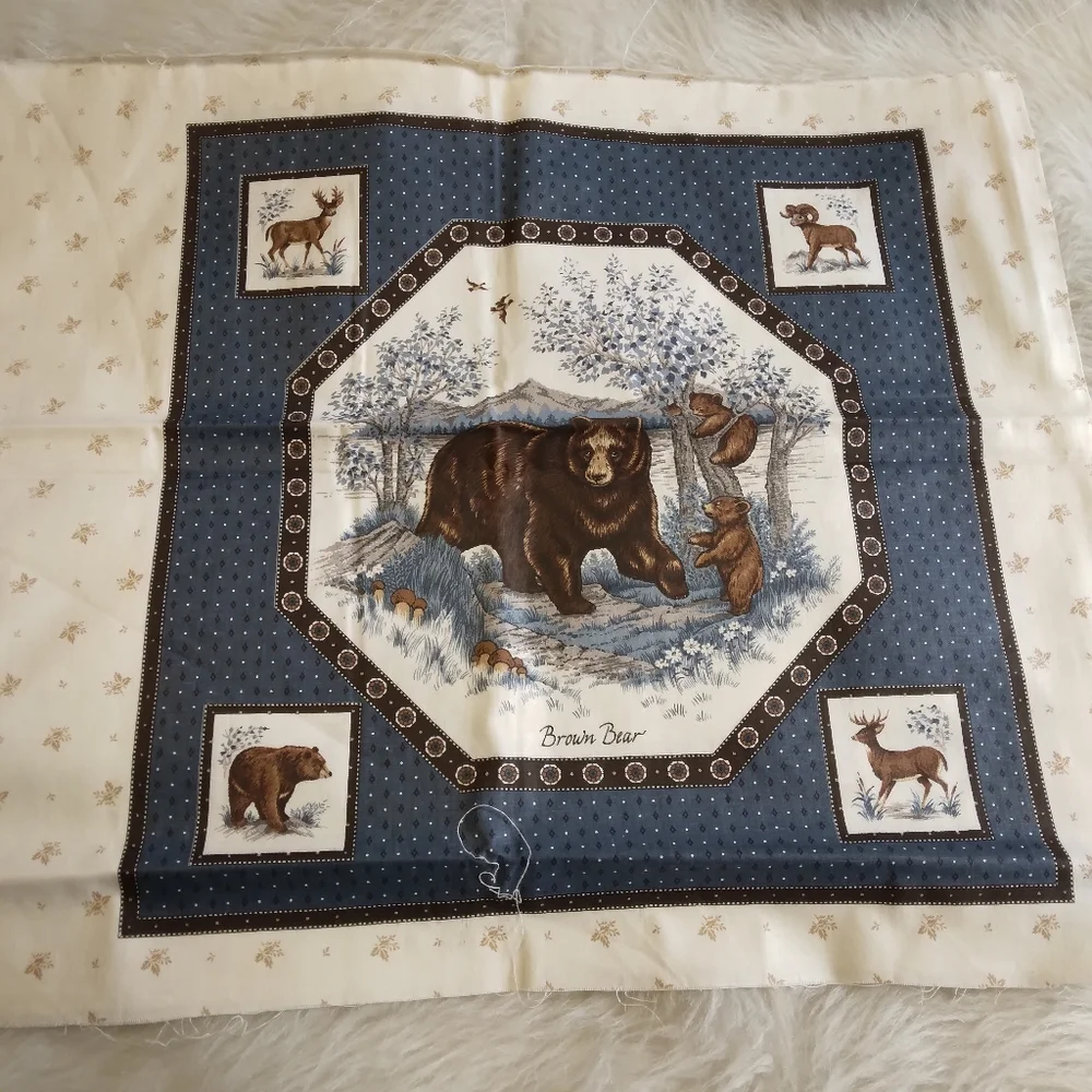 FABRIC PILLOW PANELS with Coodinating Border Print, 2 Panels, Bears And Deer